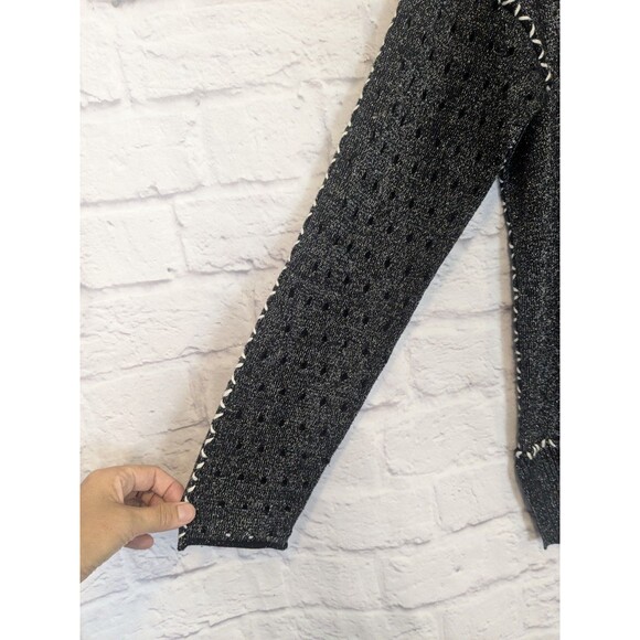 Pure Amici Cotton Silk Blend Black Silver Metallic V-Neck Sweater Size Med - Picture 6 of 9